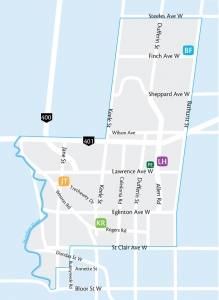 Image of Unison's catchment area which runs from Steeles Avenue West to St. Clair Avenue West and from Keele Street to Bathurst Street